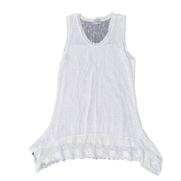 Le Moda White Sleeveless Tunic Sequined Lace Floral Hem Preppy Cottage Coastal L - Picture 3 of 14